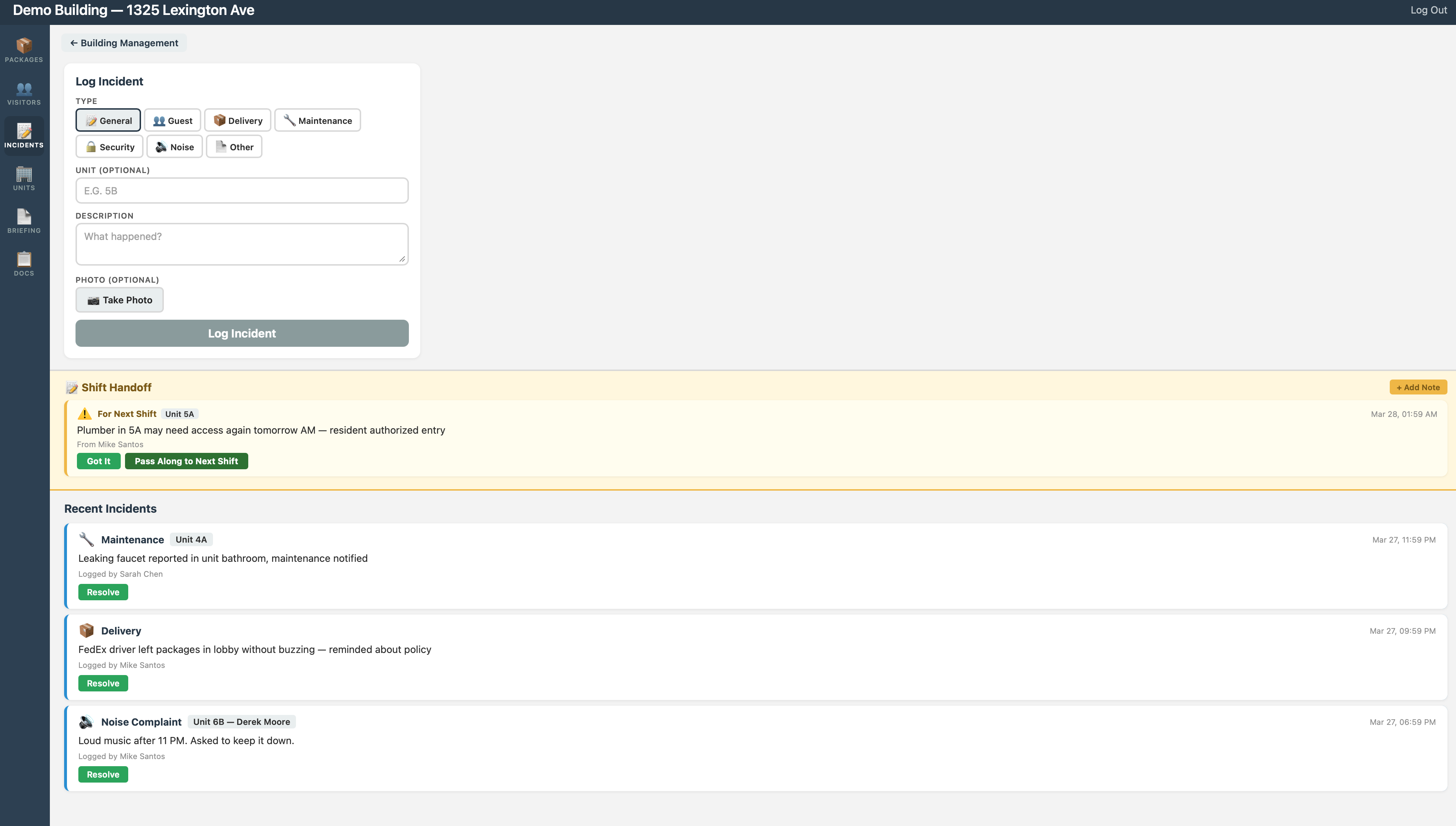 Incident logging interface showing shift handoff notes and recent incident log