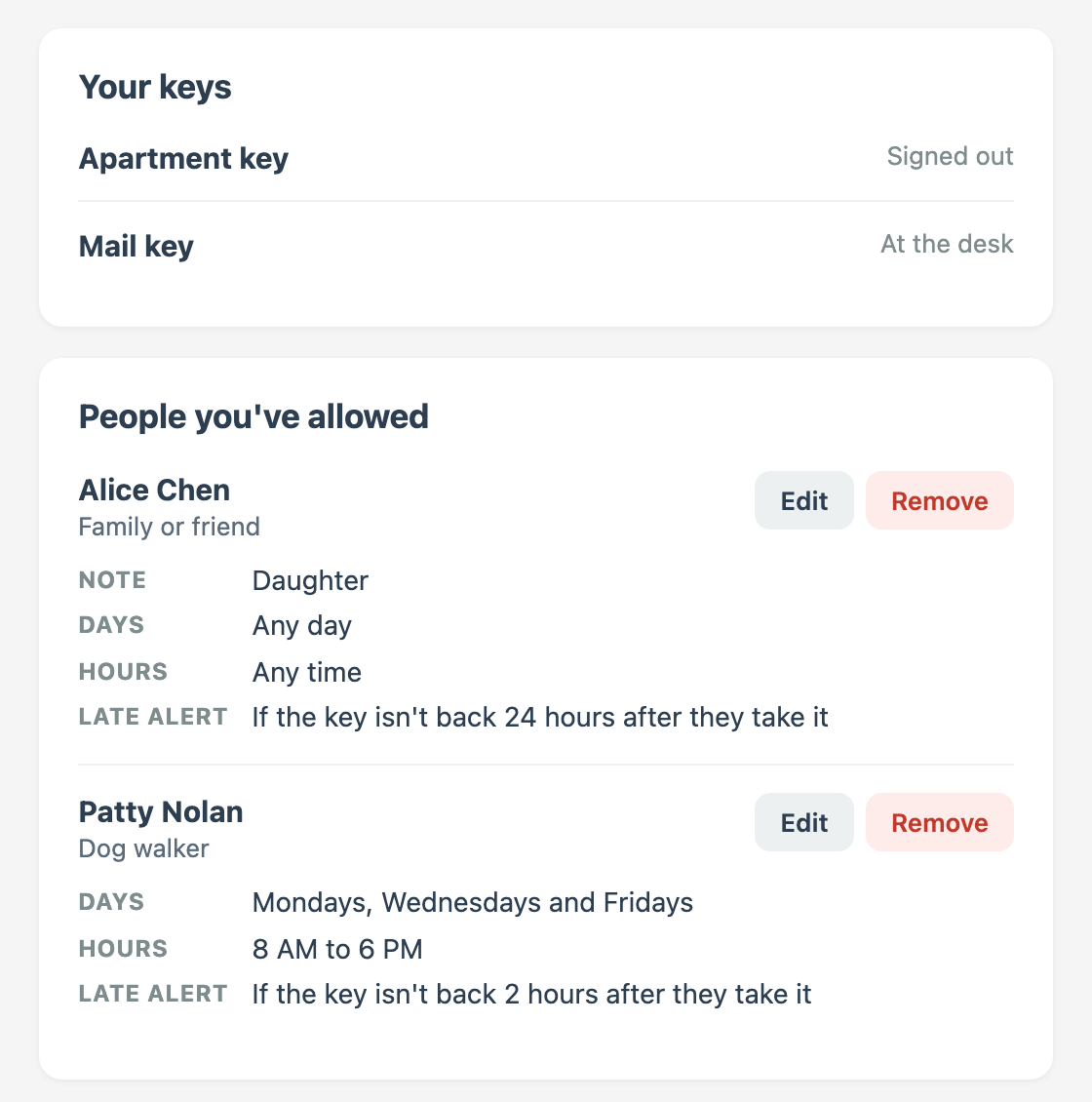 A resident's key page on a phone: the people allowed to take their key, and when
