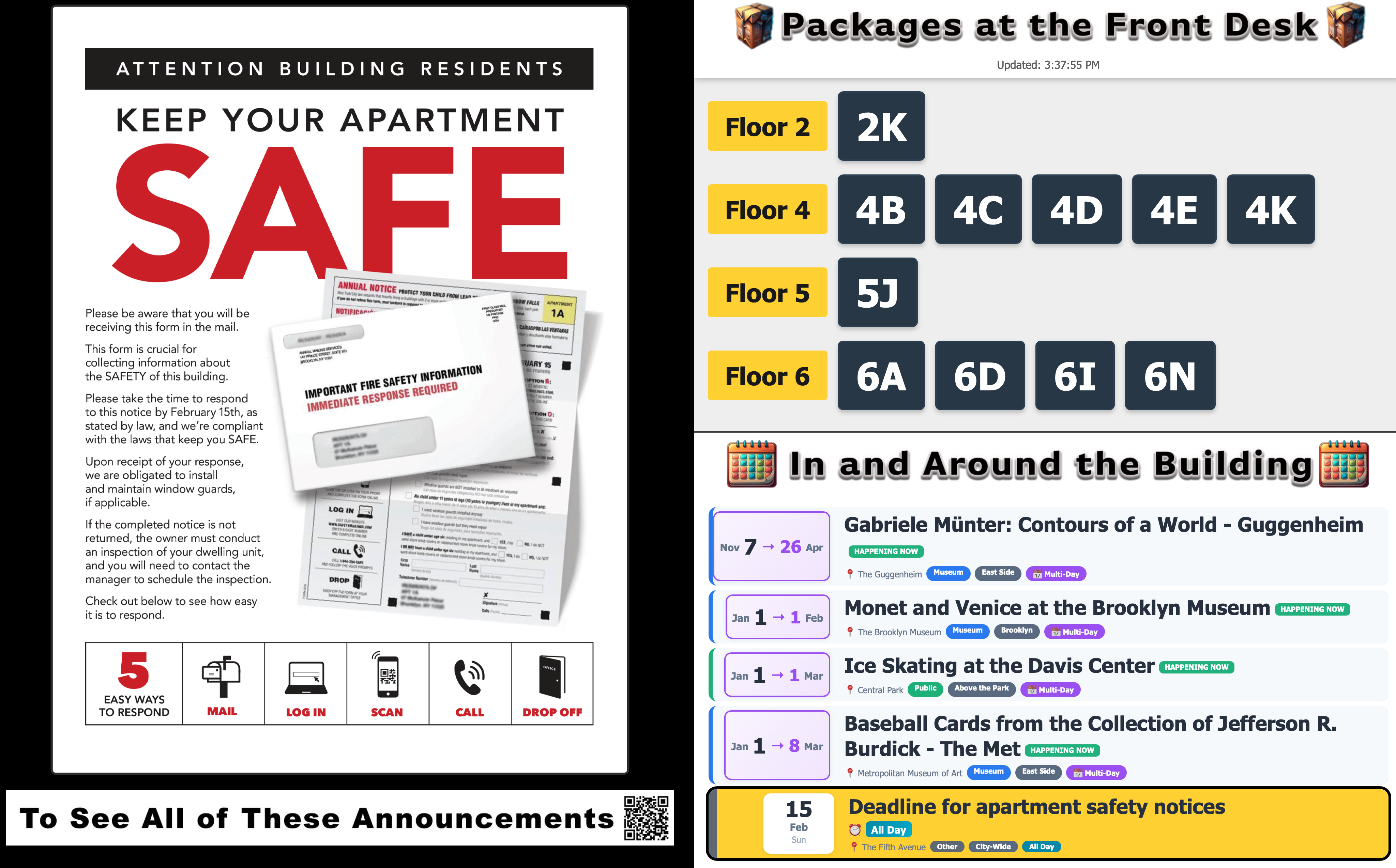 Lobby display showing building announcements, package alerts, and event calendar