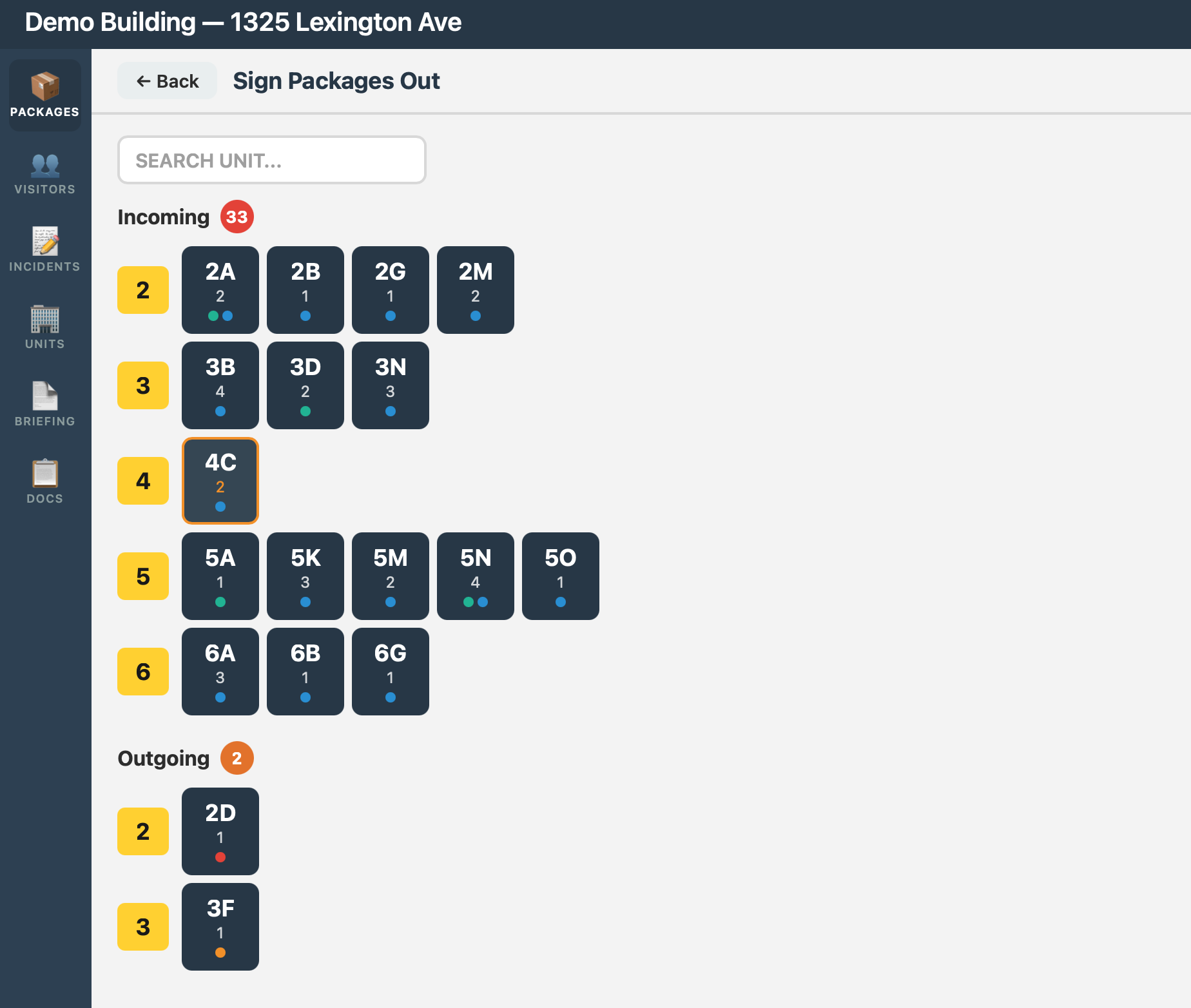 Package management interface showing floor-by-floor package grid at 1325 Lexington Ave