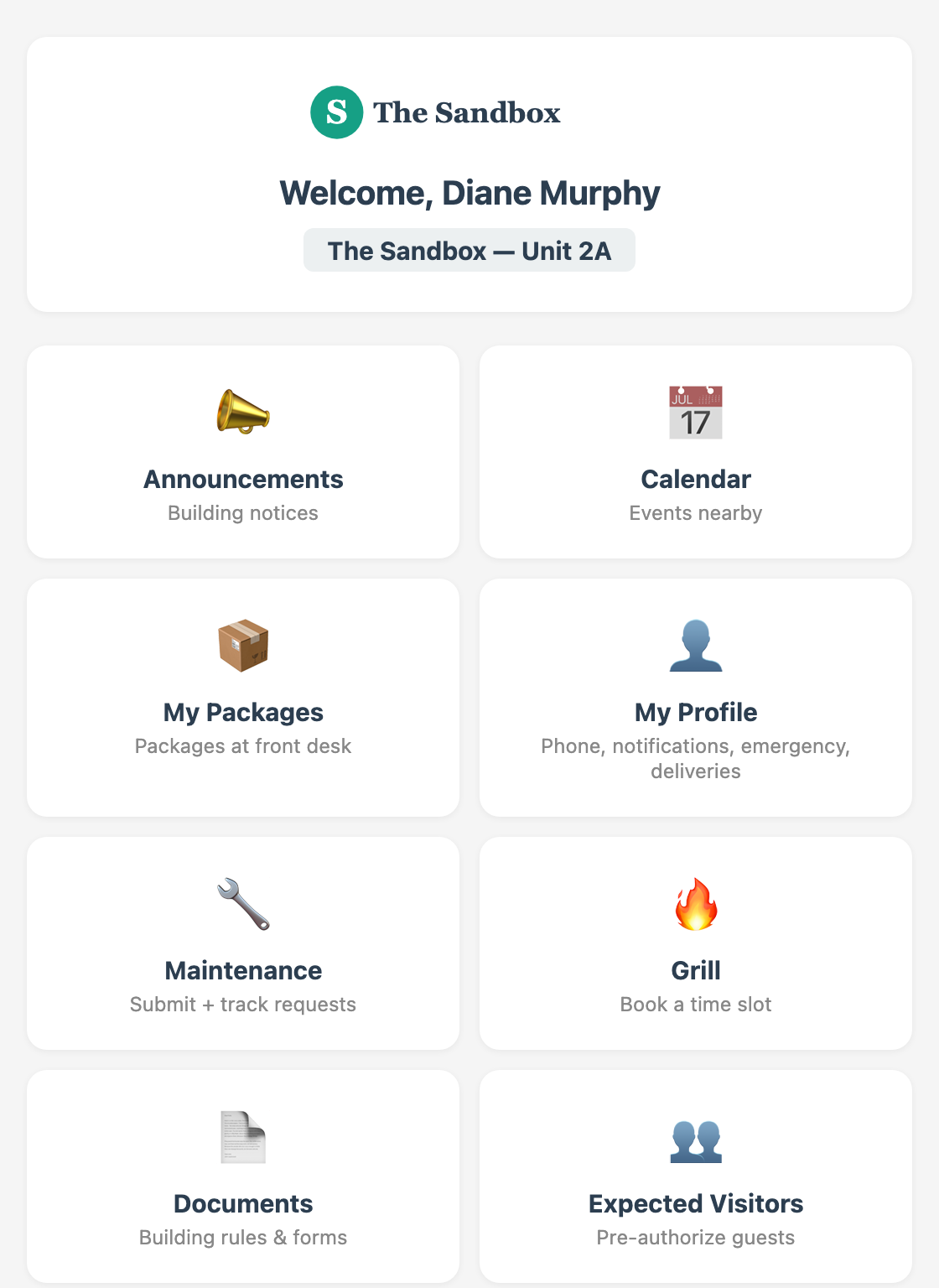 The resident app home screen